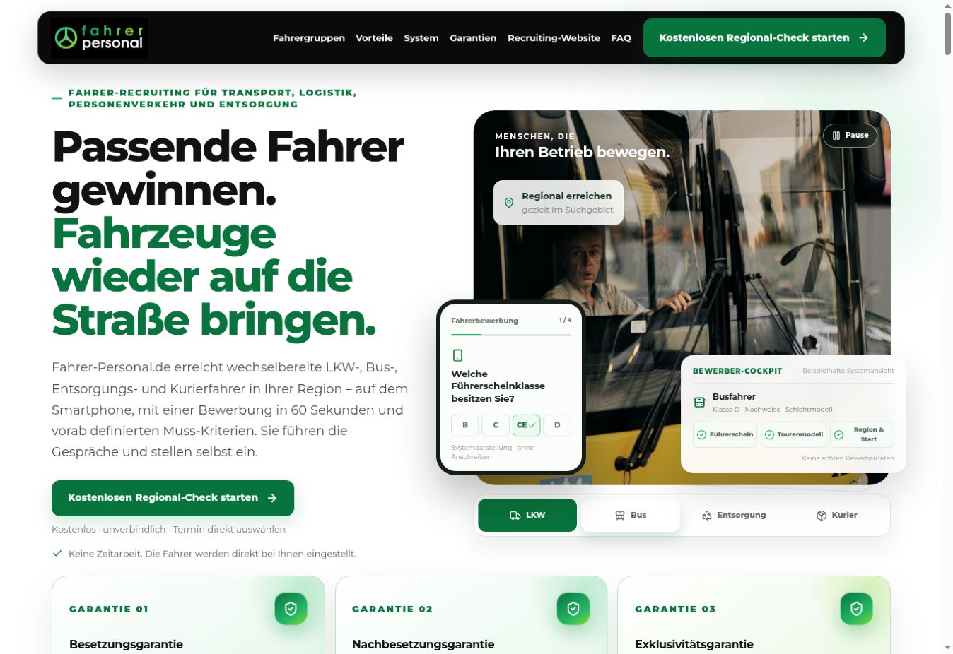 Fahrer-Personal Website mit Fahrer-Motiv